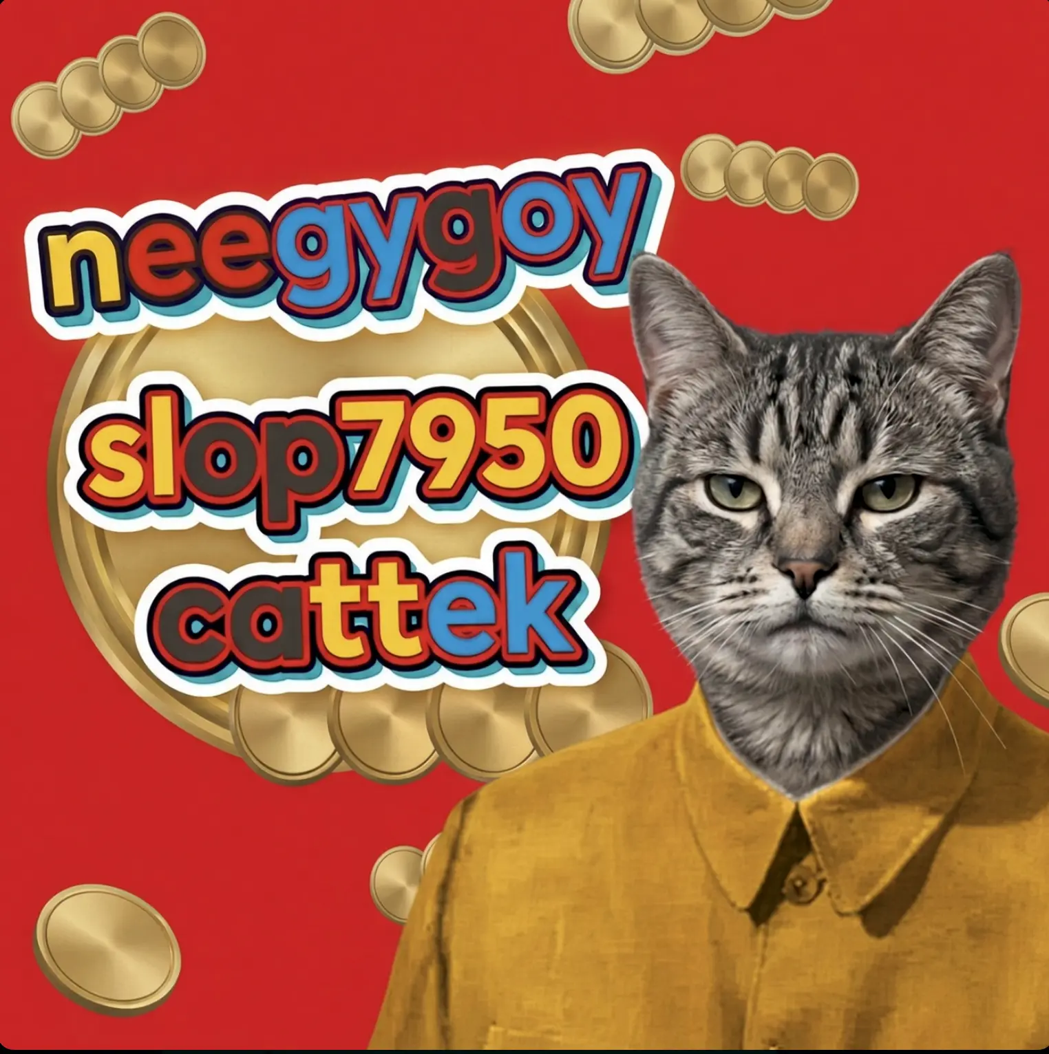 neegygoyslop7950cattek meme collage featuring a gray tabby cat in a yellow jacket on a red background and colorful coin lettering